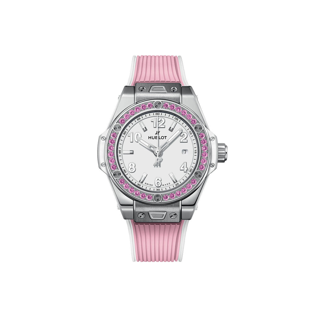 Unworn Hublot Big Bang One Click Joyful Steel Pink 33, 485.SP.2210.RX.1233, box and papers