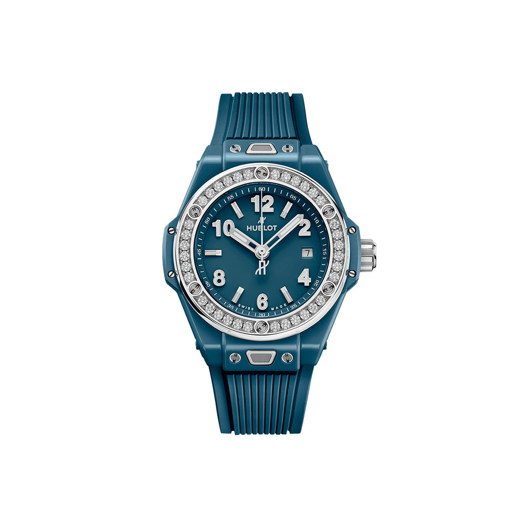 Unworn Hublot Big Bang One Click Petrol Blue Ceramic Diamonds 33, 485.ES.5171.RX.1204, box and papers