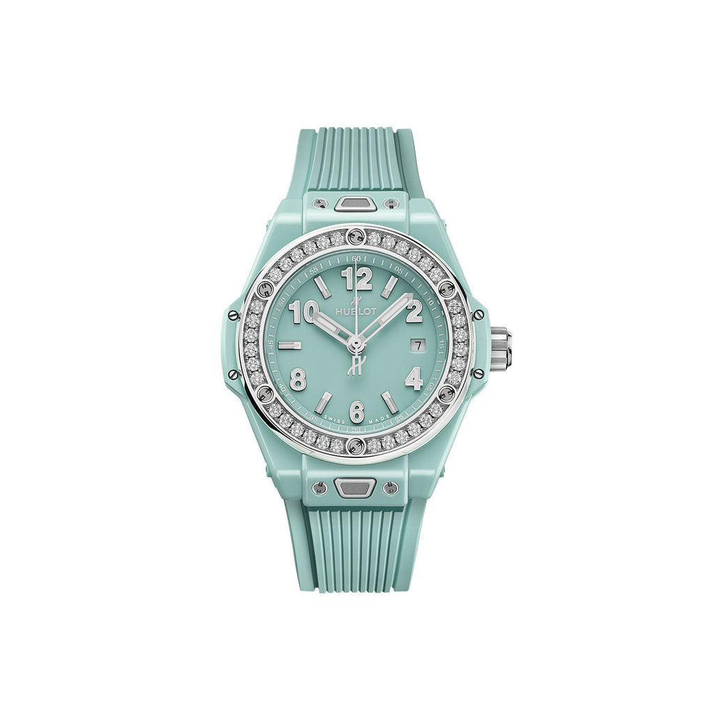 Unworn Hublot Big Bang One Click Mint Green Ceramic Diamonds 33, 485.GS.5271.RX.1204, box and papers