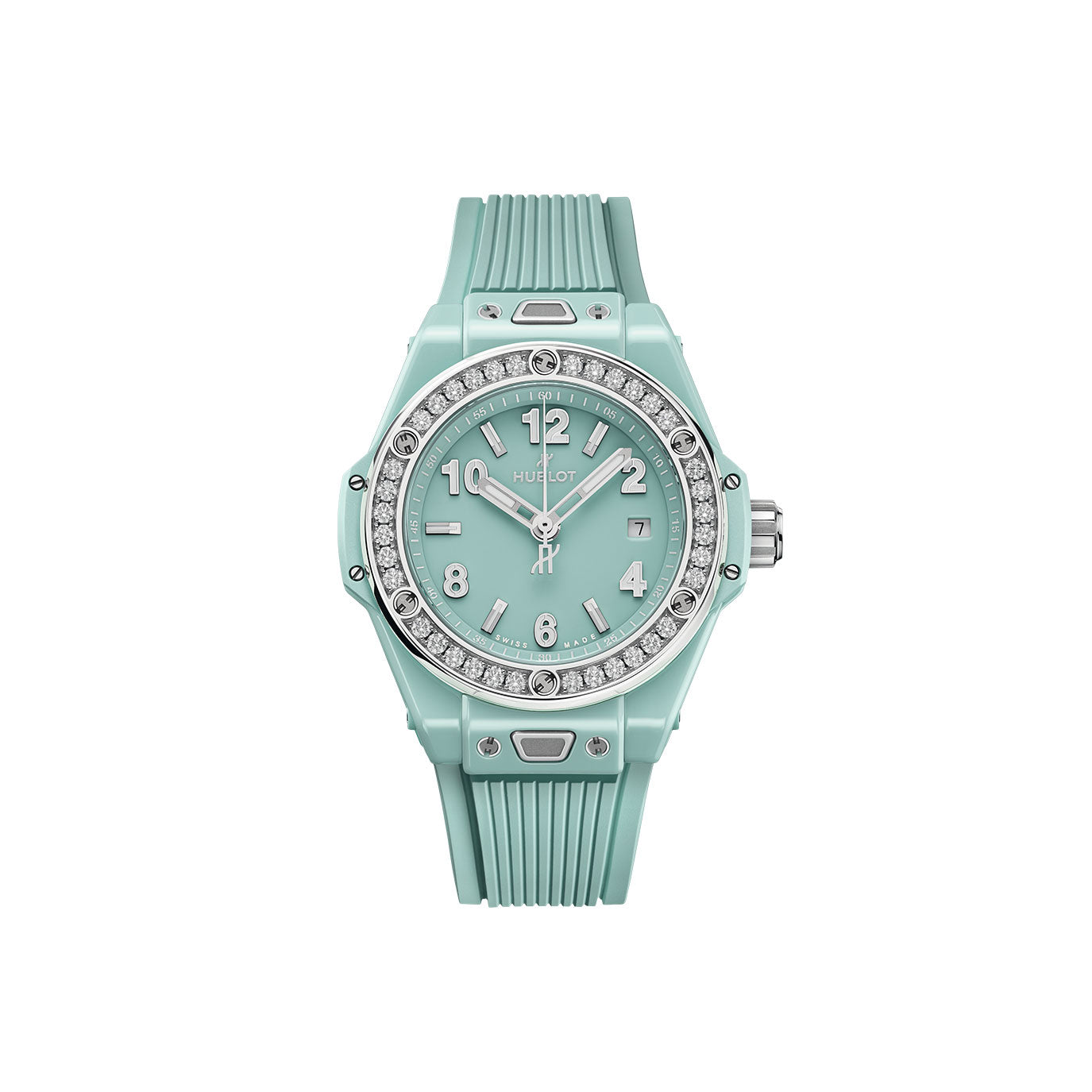 Unworn Hublot Big Bang One Click Mint Green Ceramic Diamonds 33, 485.GS.5271.RX.1204, box and papers