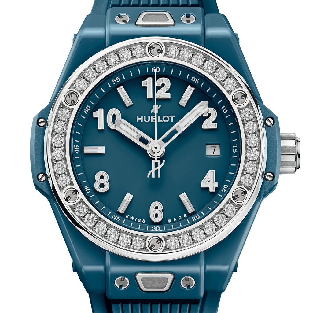 Unworn Hublot Big Bang One Click Petrol Blue Ceramic Diamonds 33, 485.ES.5171.RX.1204, box and papers