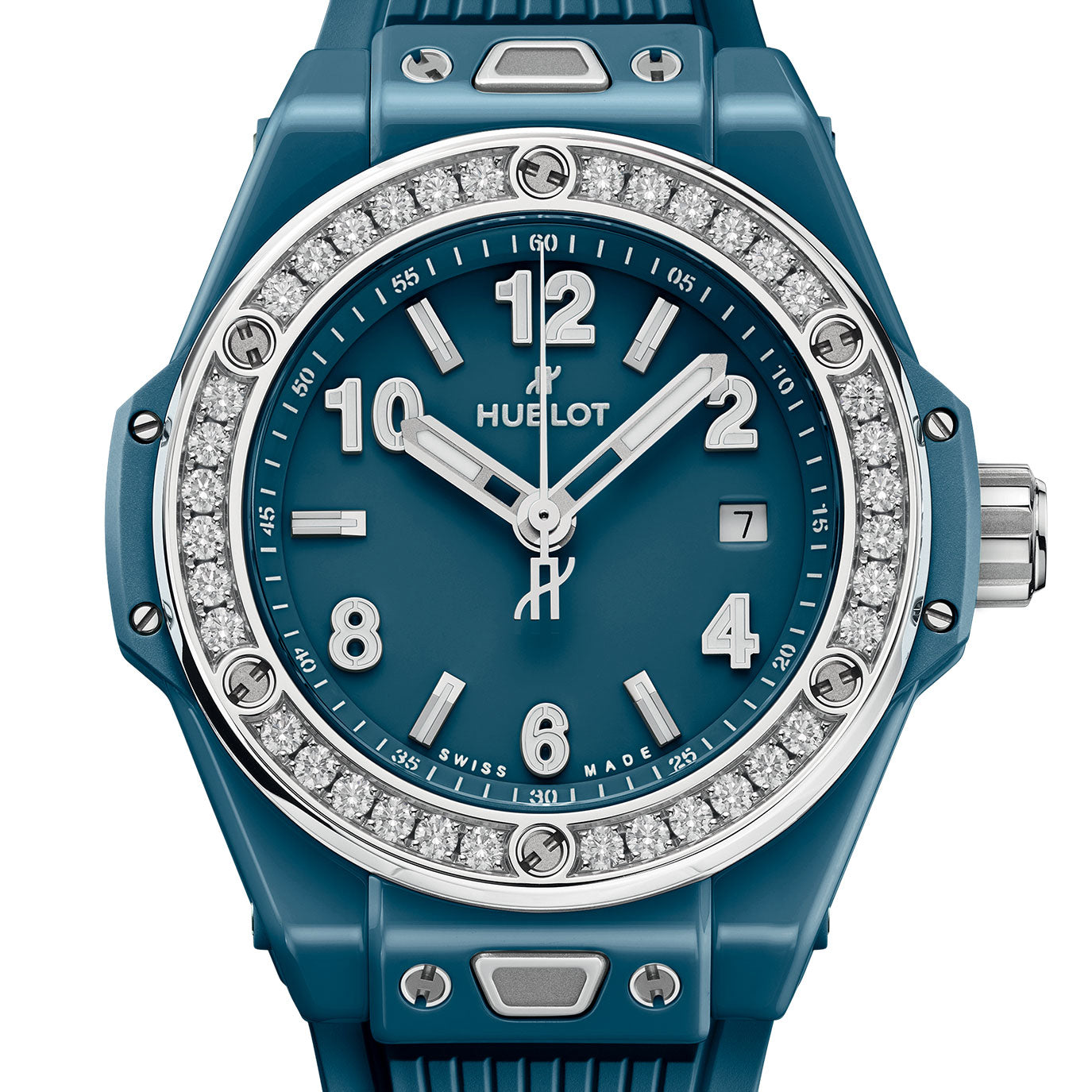 Unworn Hublot Big Bang One Click Petrol Blue Ceramic Diamonds 33, 485.ES.5171.RX.1204, box and papers