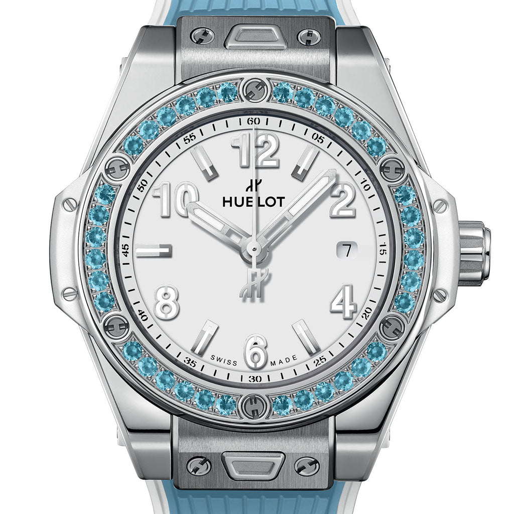 Unworn Hublot Big Bang One Click Joyful Steel Sky Blue 33, 485.SL.2210.RX.1207, box and papers