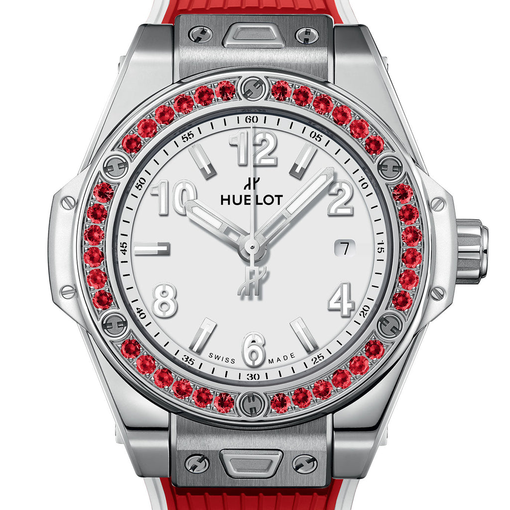 Unworn Hublot Big Bang One Click Joyful Steel Red 33, 485.SR.2210.RX.1213, box and papers
