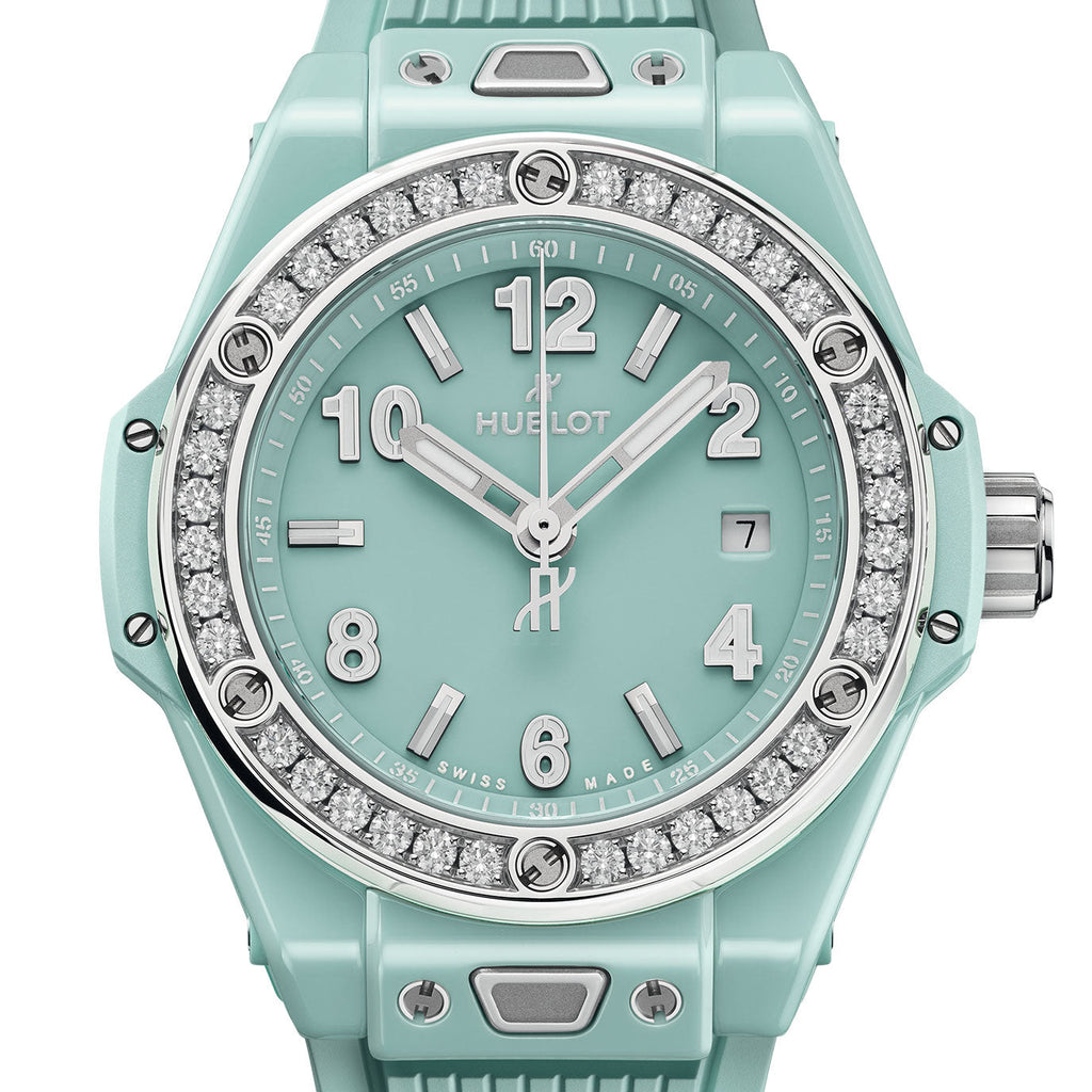 Unworn Hublot Big Bang One Click Mint Green Ceramic Diamonds 33, 485.GS.5271.RX.1204, box and papers