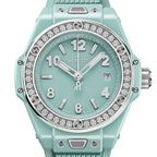 Unworn Hublot Big Bang One Click Mint Green Ceramic Diamonds 33, 485.GS.5271.RX.1204, box and papers