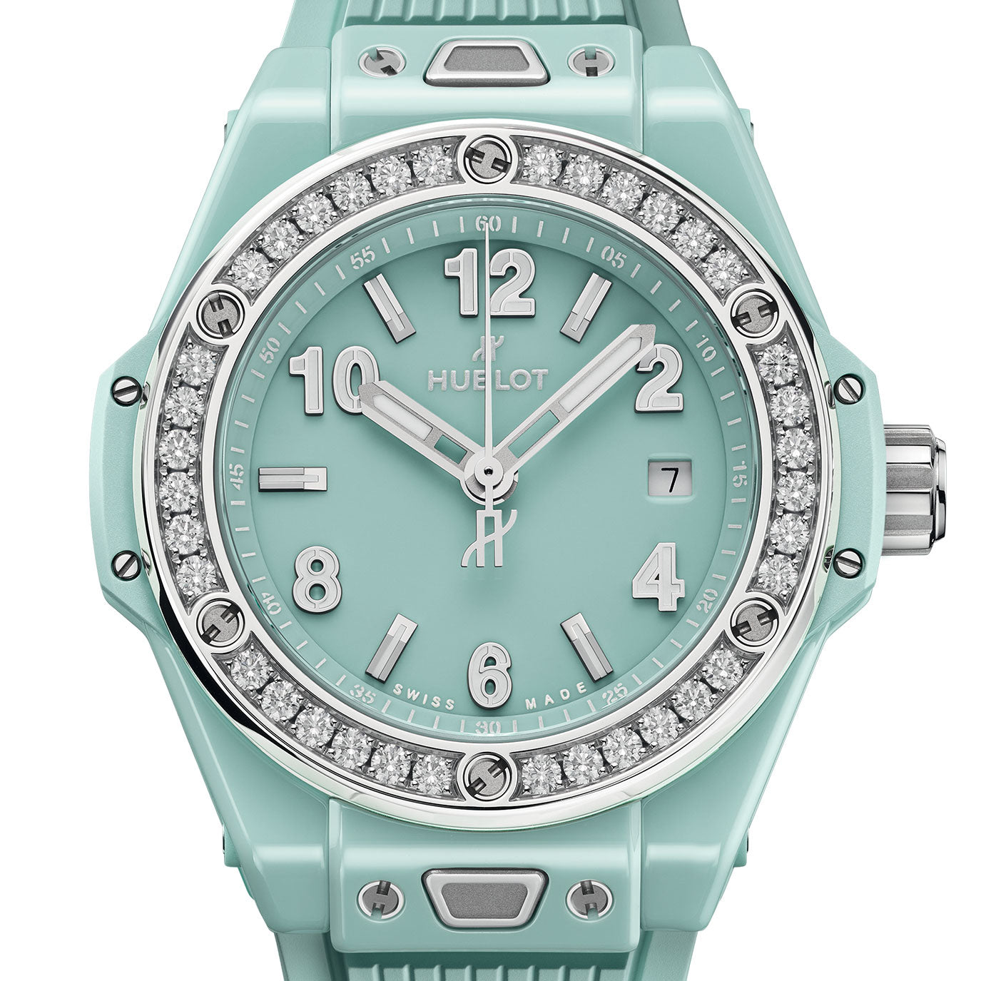 Unworn Hublot Big Bang One Click Mint Green Ceramic Diamonds 33, 485.GS.5271.RX.1204, box and papers
