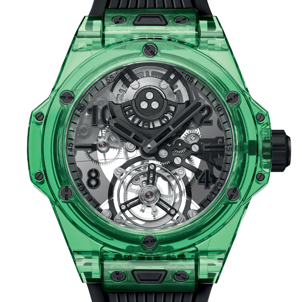 Unworn Hublot Big Bang Tourbillon Automatic Green SAXEM 44, 429.JG.0110.RT, box and papers