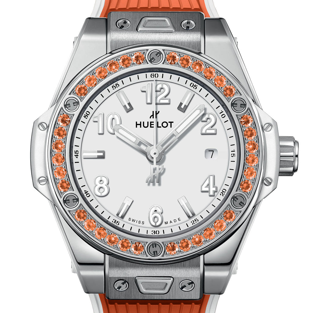 Unworn Hublot Big Bang One Click Joyful Steel Orange 33, 485.SO.2210.RX.1206, box and papers