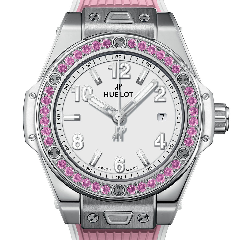 Unworn Hublot Big Bang One Click Joyful Steel Pink 33, 485.SP.2210.RX.1233, box and papers