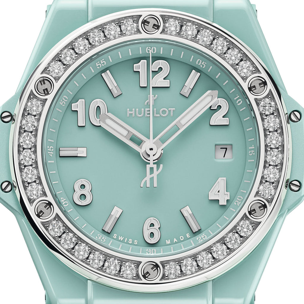 Unworn Hublot Big Bang One Click Mint Green Ceramic Diamonds 33, 485.GS.5271.RX.1204, box and papers