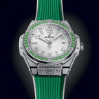 Unworn Hublot Big Bang One Click Joyful Steel Apple Green 33, 485.SG.2210.RX.1222, box and papers