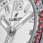 Unworn Hublot Big Bang One Click Joyful Steel Red 33, 485.SR.2210.RX.1213, box and papers