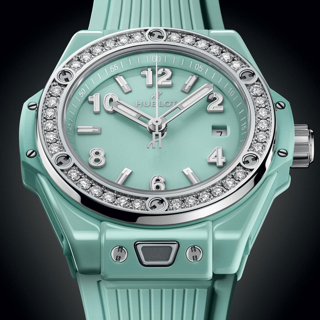 Unworn Hublot Big Bang One Click Mint Green Ceramic Diamonds 33, 485.GS.5271.RX.1204, box and papers