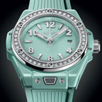 Unworn Hublot Big Bang One Click Mint Green Ceramic Diamonds 33, 485.GS.5271.RX.1204, box and papers