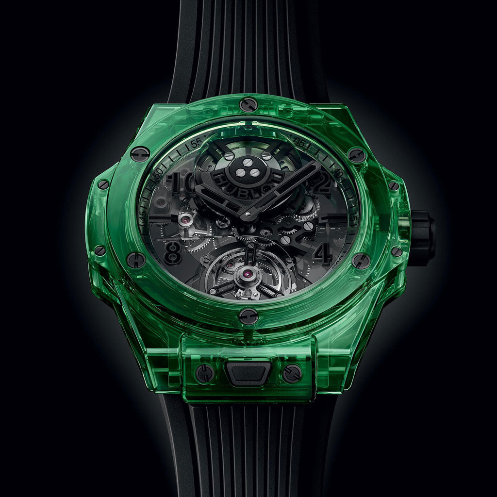 Unworn Hublot Big Bang Tourbillon Automatic Green SAXEM 44, 429.JG.0110.RT, box and papers