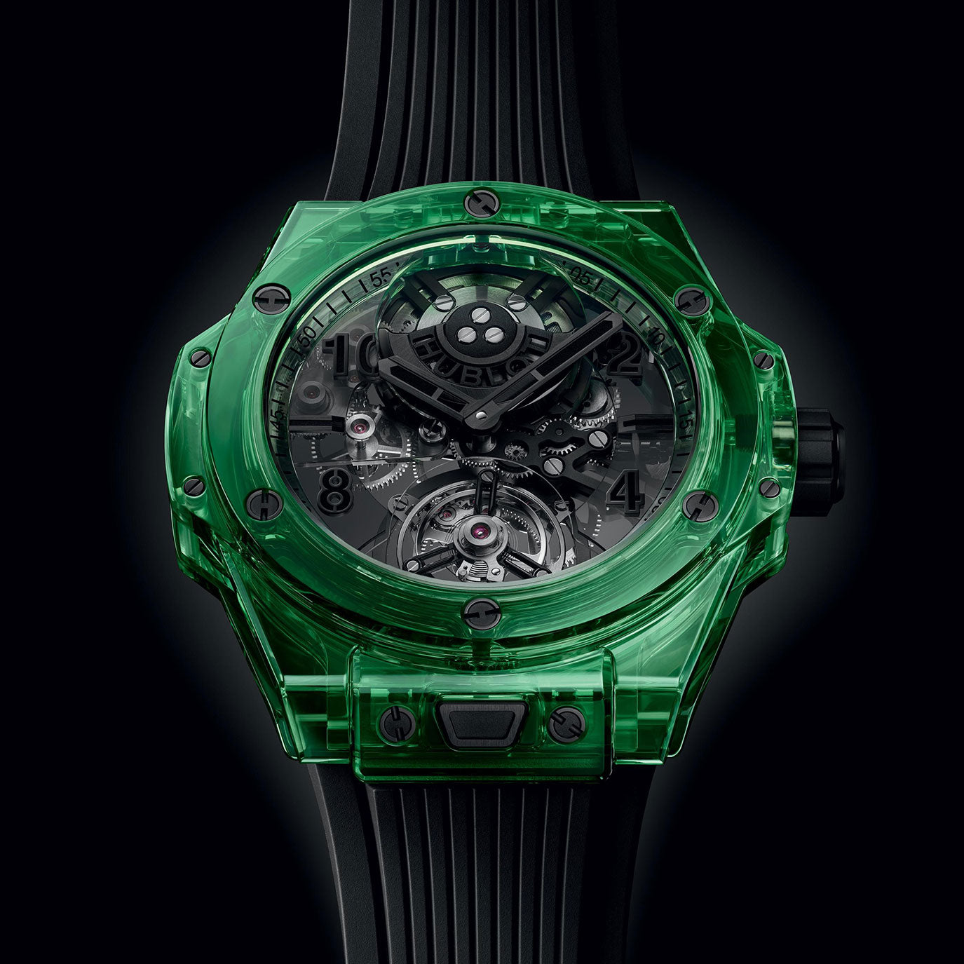 Unworn Hublot Big Bang Tourbillon Automatic Green SAXEM 44, 429.JG.0110.RT, box and papers