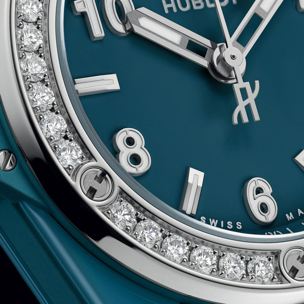 Unworn Hublot Big Bang One Click Petrol Blue Ceramic Diamonds 33, 485.ES.5171.RX.1204, box and papers