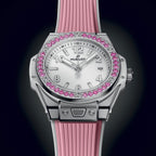 Unworn Hublot Big Bang One Click Joyful Steel Pink 33, 485.SP.2210.RX.1233, box and papers