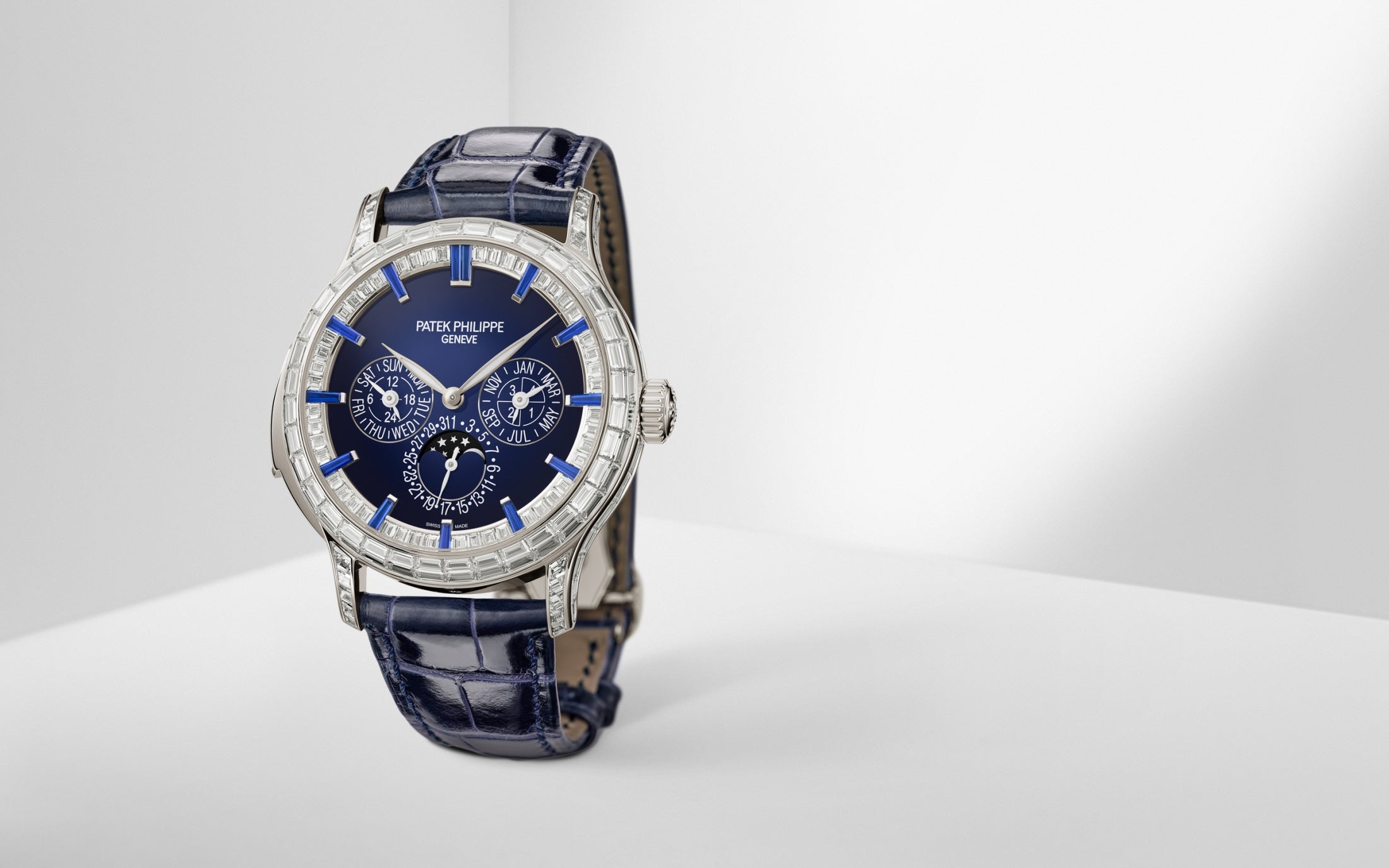 Patek Philippe Grand Complication, Platinum set with baguette diamonds and sapphires, 42mm, Ref# 5374/300P-001