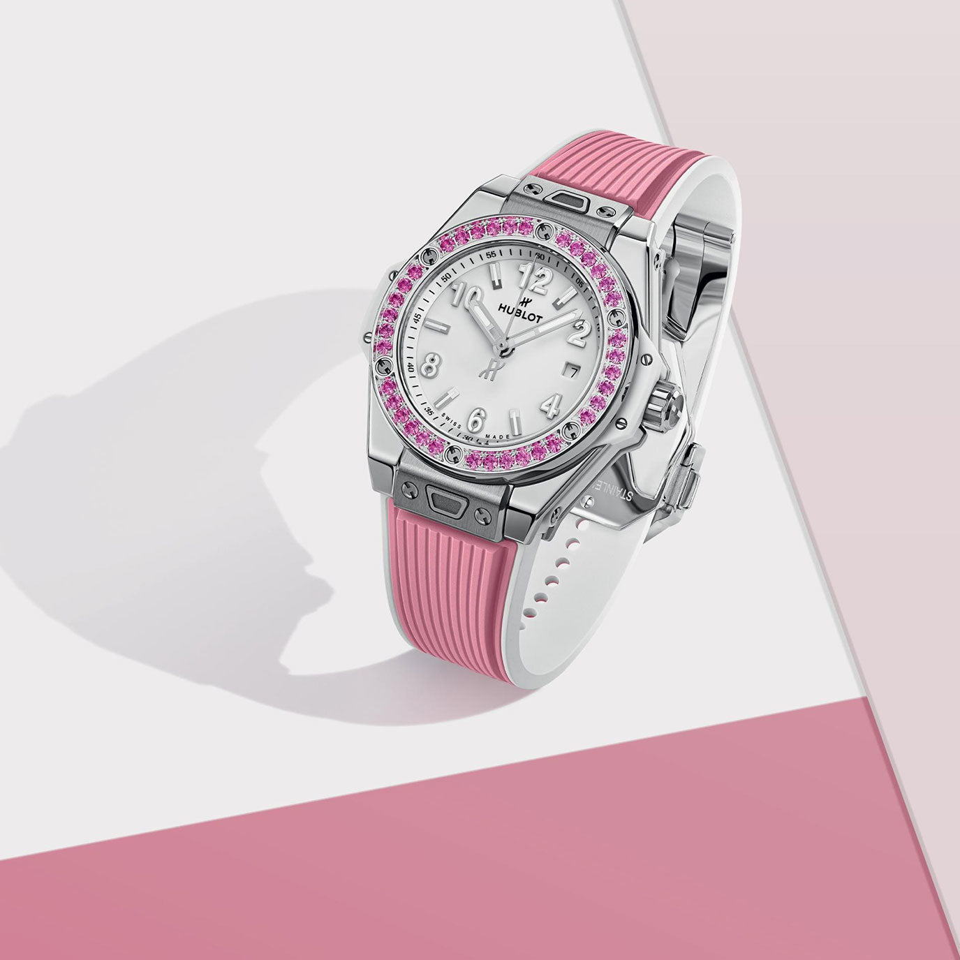 Unworn Hublot Big Bang One Click Joyful Steel Pink 33, 485.SP.2210.RX.1233, box and papers