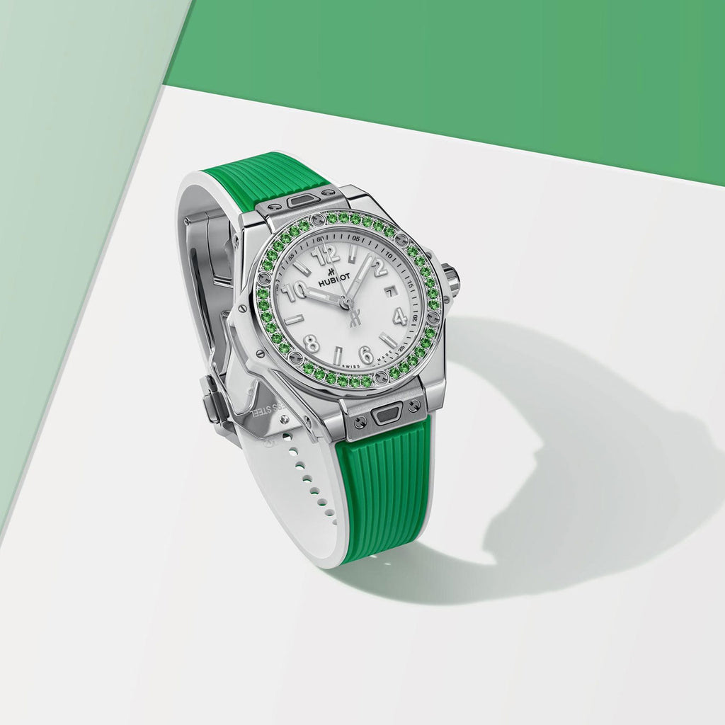 Unworn Hublot Big Bang One Click Joyful Steel Apple Green 33, 485.SG.2210.RX.1222, box and papers