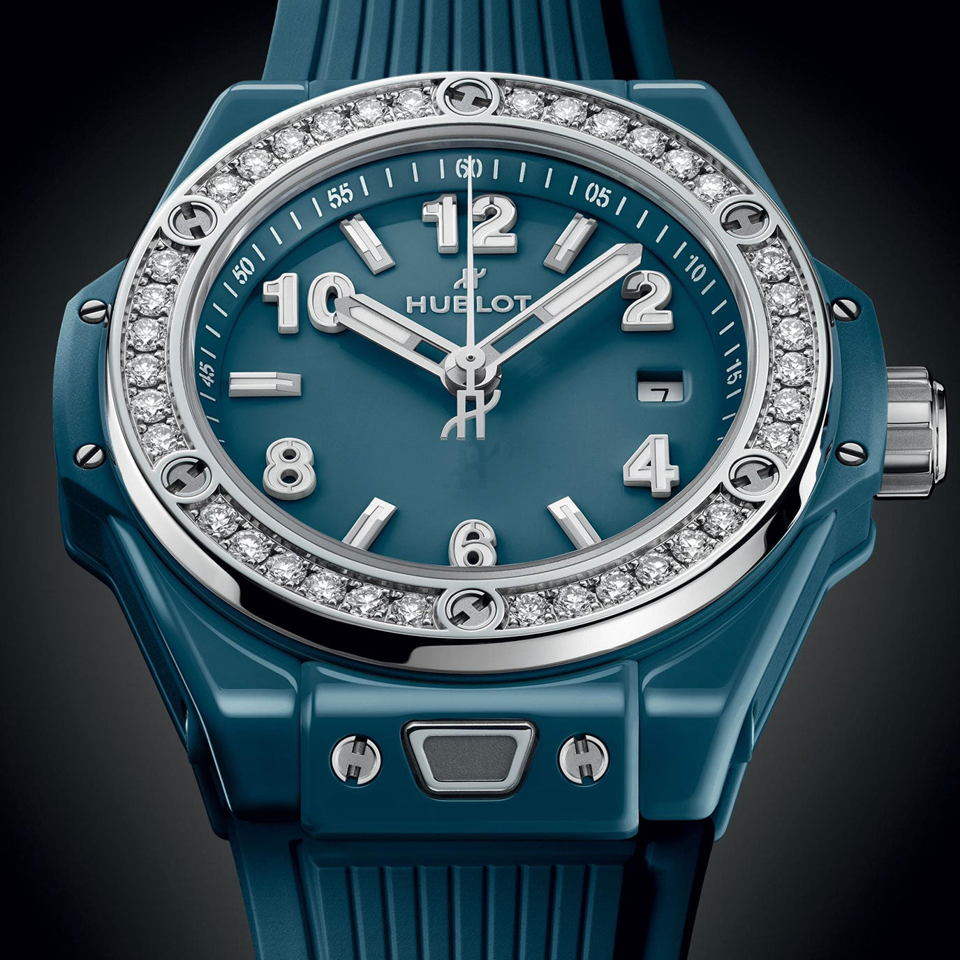 Unworn Hublot Big Bang One Click Petrol Blue Ceramic Diamonds 33, 485.ES.5171.RX.1204, box and papers