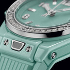 Unworn Hublot Big Bang One Click Mint Green Ceramic Diamonds 33, 485.GS.5271.RX.1204, box and papers