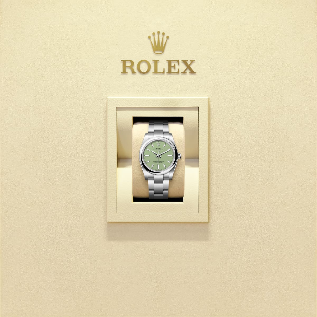 Unworn 2025, Rolex Oyster Perpetual, Oystersteel, 34mm, Pistachio-green dial, Domed Oyster, Ref# 124200-0006, box and papers