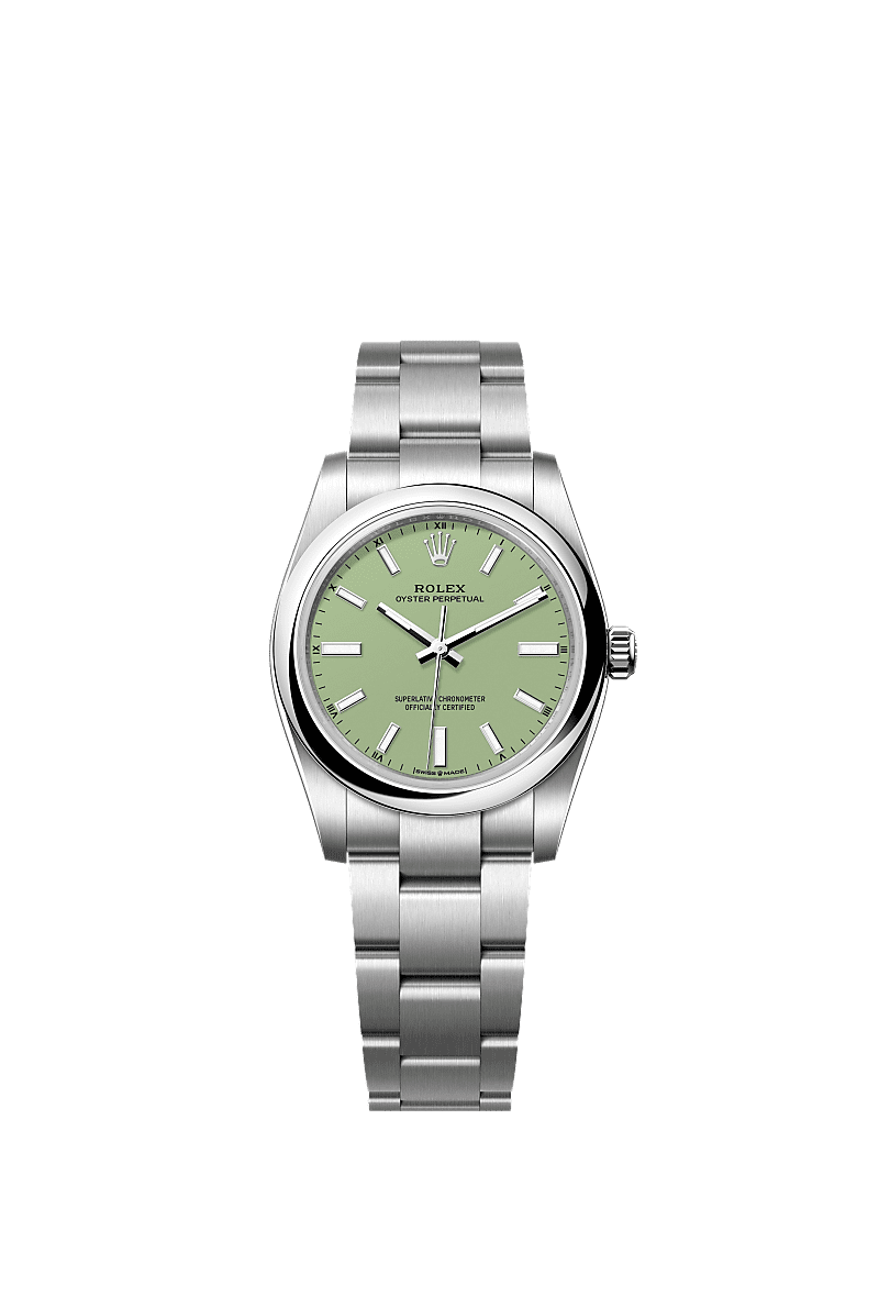 Unworn 2025, Rolex Oyster Perpetual, Oystersteel, 34mm, Pistachio-green dial, Domed Oyster, Ref# 124200-0006, box and papers