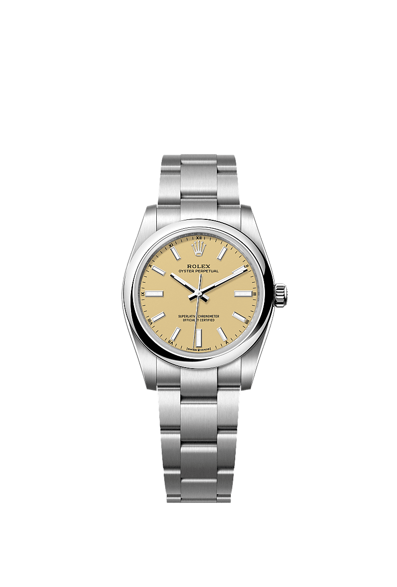 Unworn 2025, Rolex Oyster Perpetual, Oystersteel, 34mm, Beige dial, Domed Oyster, Ref# 124200-0007, box and papers