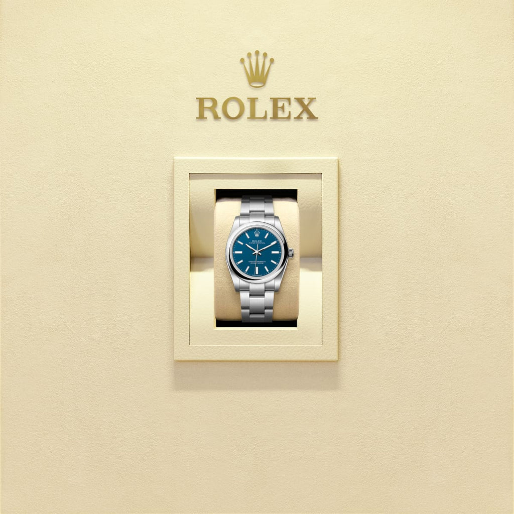 Unworn 2025, Rolex Oyster Perpetual, Oystersteel, 34mm, Blue dial, Domed Oyster, Ref# 124200-0011, box and papers