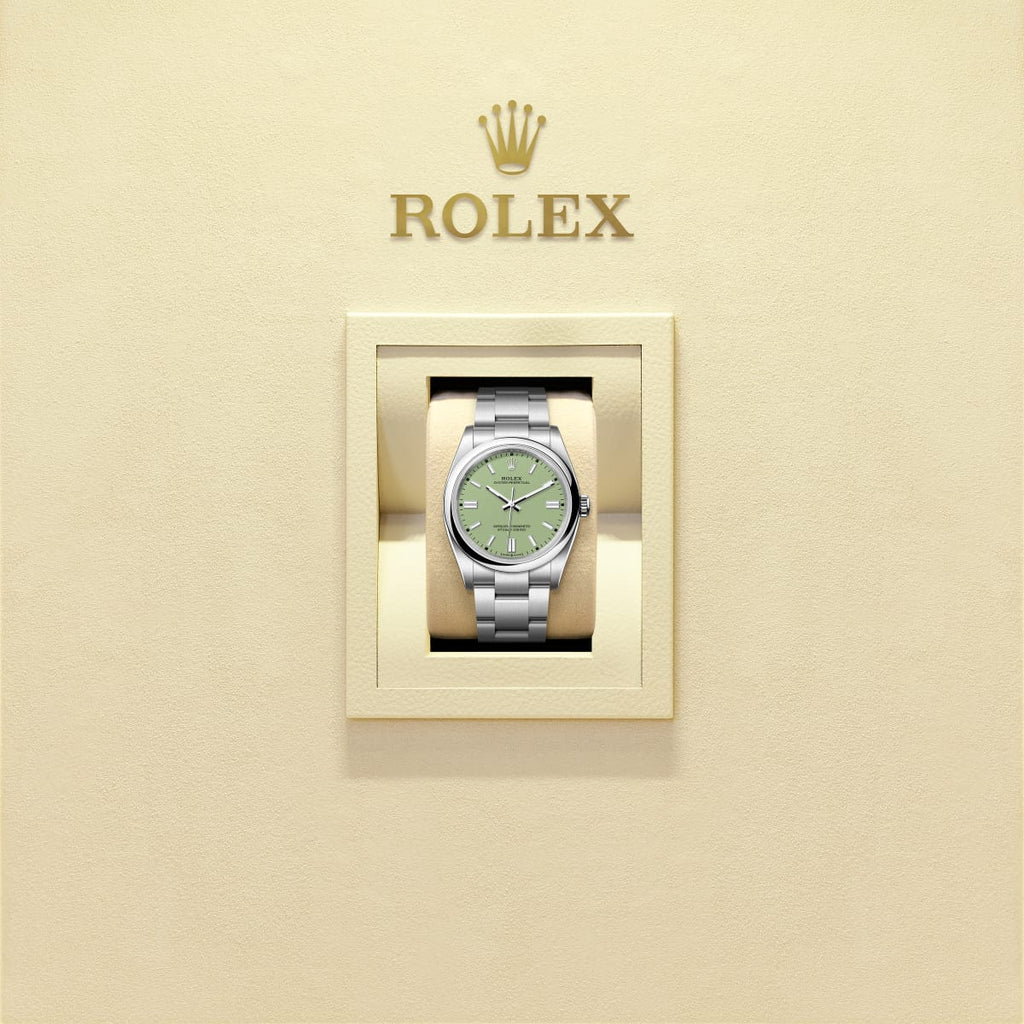 Unworn 2025, Rolex Oyster Perpetual, Oystersteel 41mm, Pistachio-green dial, Domed Oyster, Ref# 134300-0006, box and papers