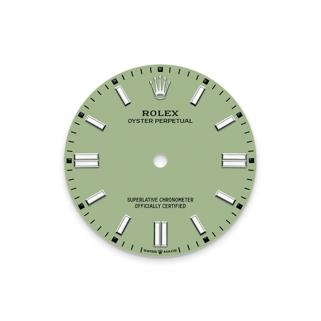 Unworn 2025, Rolex Oyster Perpetual, Oystersteel 41mm, Pistachio-green dial, Domed Oyster, Ref# 134300-0006, box and papers