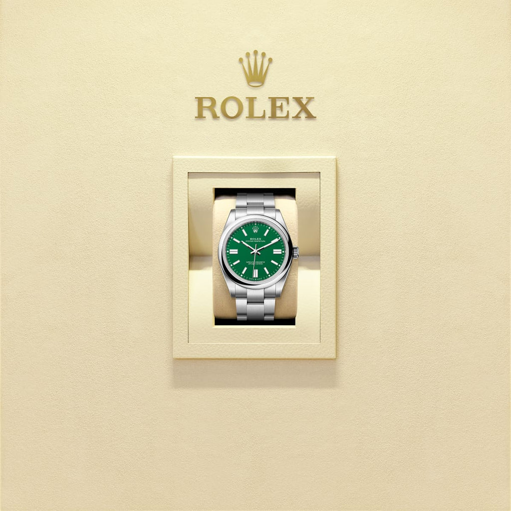 Unworn 2025, Rolex Oyster Perpetual, Oystersteel 41mm, Green dial, Domed Oyster, Ref# 134300-0004, box and papers