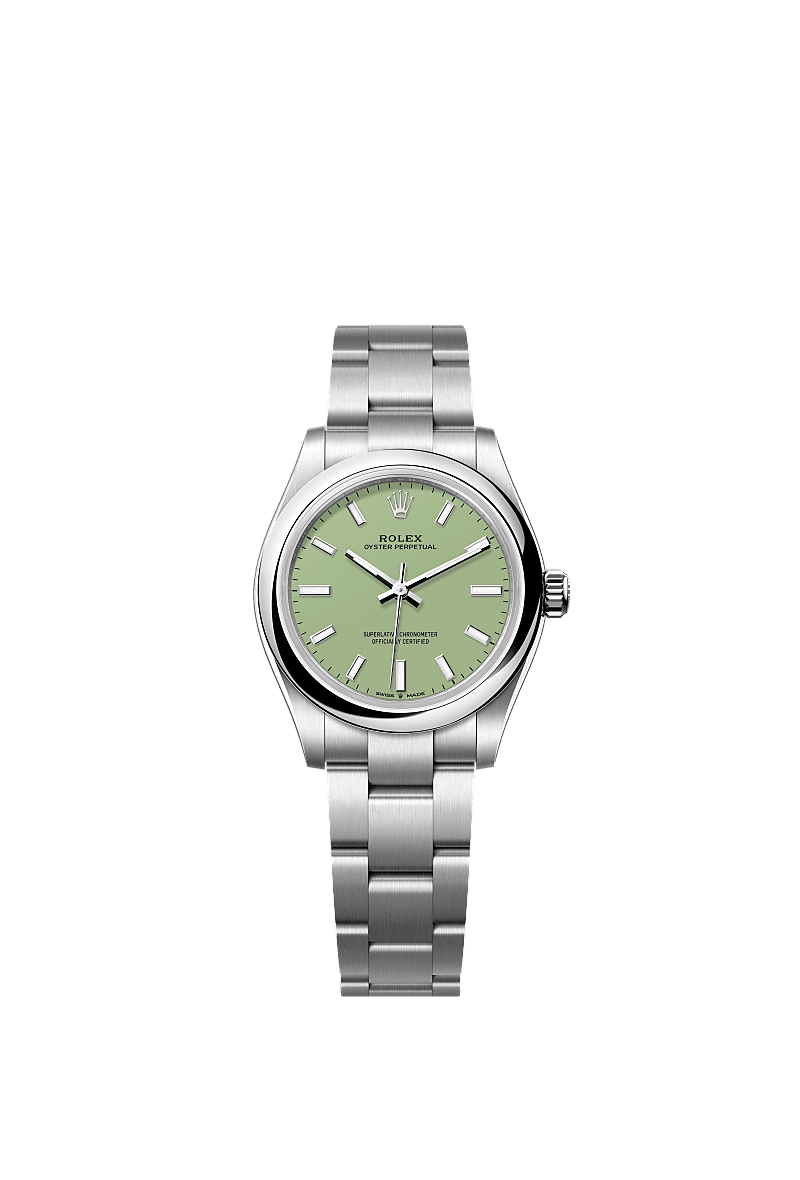 Unworn 2025, Rolex Oyster Perpetual, Oystersteel, 31mm, Pistachio-green dial, Domed Oyster, Ref# 277200-0012, box and papers